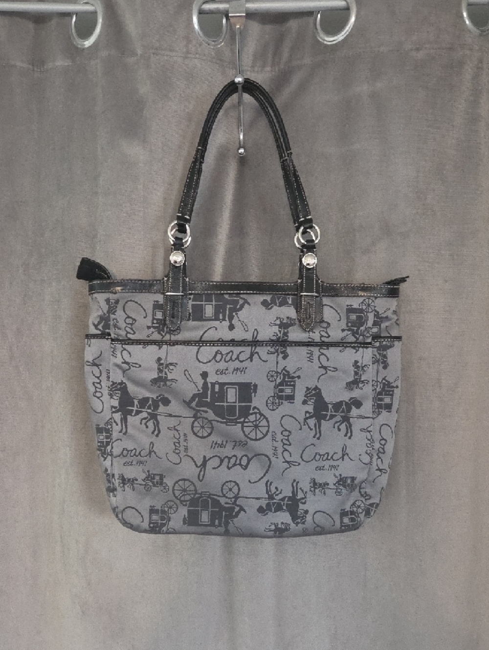 Coach Gray Tote with Black Trim and Signature Carriage Print - Picture 3 of 7